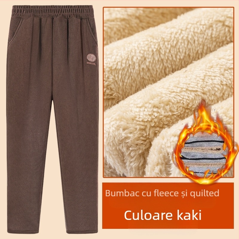 Pantaloni de iarnă pentru femei, croială lejeră din poliester, groși și calzi cu broderie, stil casual/basic, iarnă 2025