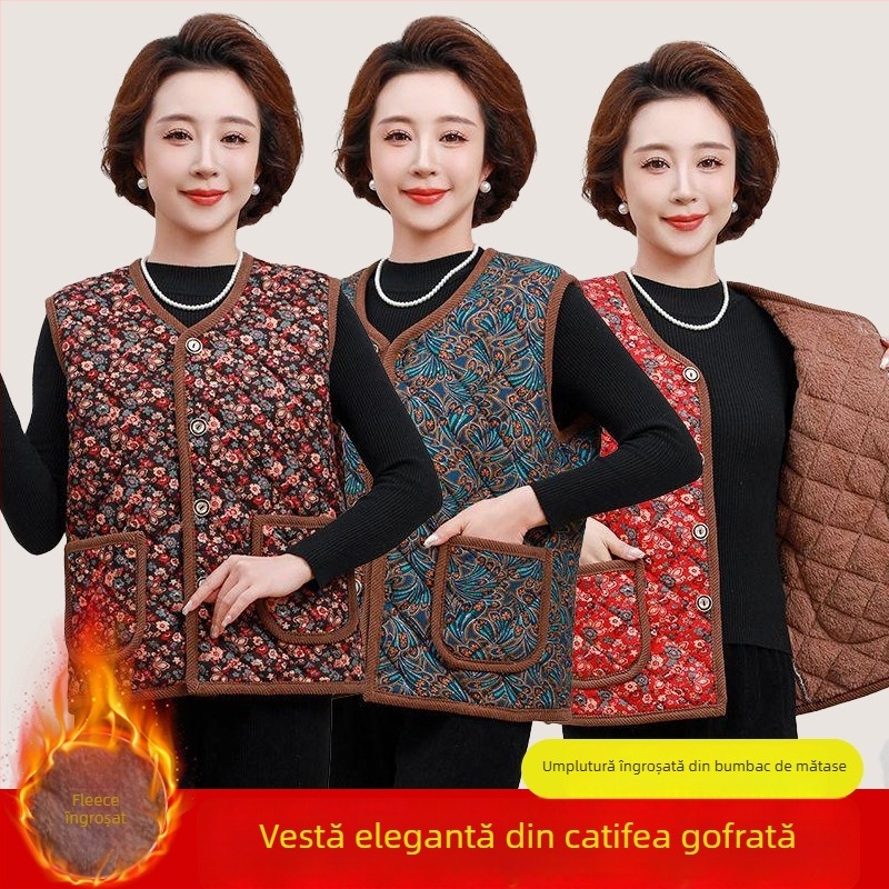 Vestă nouă pentru toamnă–iarna, căptușită cu fleece, pentru femei de vârstă mijlocie și în vârstă, purtată în exterior, caldă și stilată.