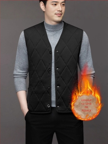 Vesta cardigan bărbați cu fleece pentru iarnă - guler în V, material poliester, căptușeală catifelată, margine dreaptă, buzunare patch
