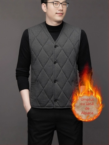Vesta cardigan bărbați cu fleece pentru iarnă - guler în V, material poliester, căptușeală catifelată, margine dreaptă, buzunare patch