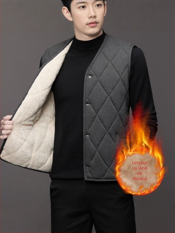 Vesta cardigan bărbați cu fleece pentru iarnă - guler în V, material poliester, căptușeală catifelată, margine dreaptă, buzunare patch