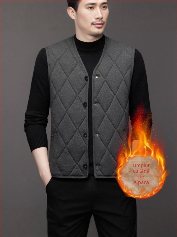 Vesta cardigan bărbați cu fleece pentru iarnă - guler în V, material poliester, căptușeală catifelată, margine dreaptă, buzunare patch