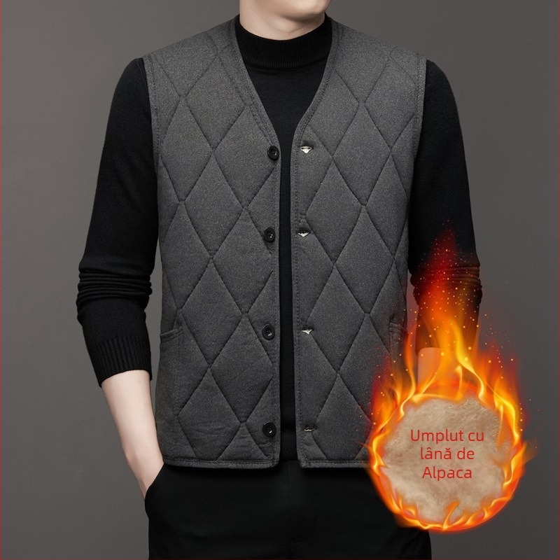 Vesta cardigan bărbați cu fleece pentru iarnă - guler în V, material poliester, căptușeală catifelată, margine dreaptă, buzunare patch
