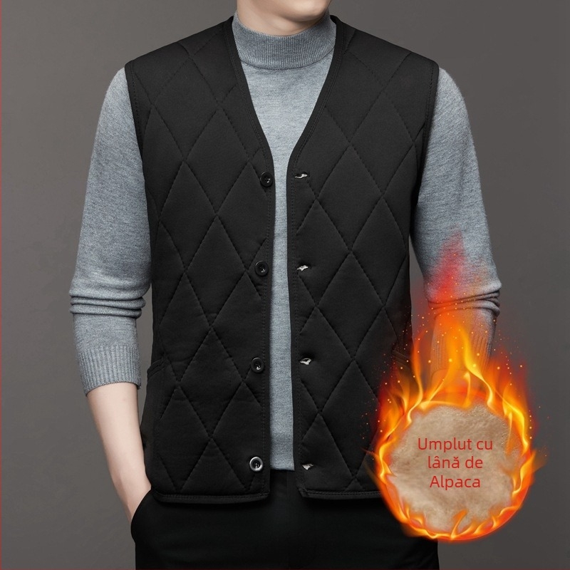 Vesta cardigan bărbați cu fleece pentru iarnă - guler în V, material poliester, căptușeală catifelată, margine dreaptă, buzunare patch