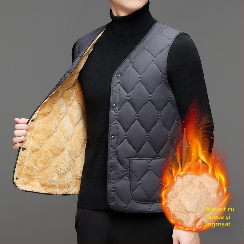 Vesta din bumbac pentru bărbați, căptușită cu fleece, groasă, croială lejeră, buzunare 3D — iarnă