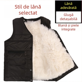 Vestă din bumbac în stil cardigan, cu glugă, decolteu în V, țesătură corduroy și principal material din păr de iepure