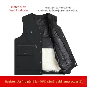 Vestă din bumbac în stil cardigan, cu glugă, decolteu în V, țesătură corduroy și principal material din păr de iepure