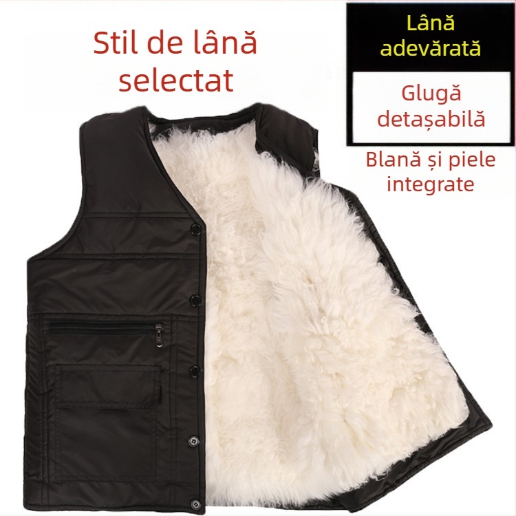Vestă din bumbac în stil cardigan, cu glugă, decolteu în V, țesătură corduroy și principal material din păr de iepure