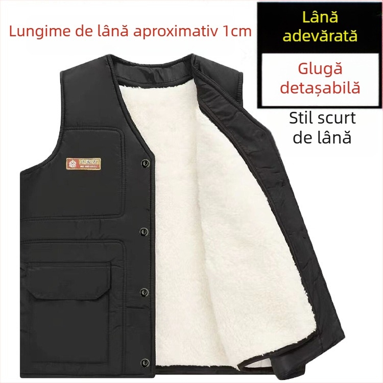 Vestă din bumbac în stil cardigan, cu glugă, decolteu în V, țesătură corduroy și principal material din păr de iepure