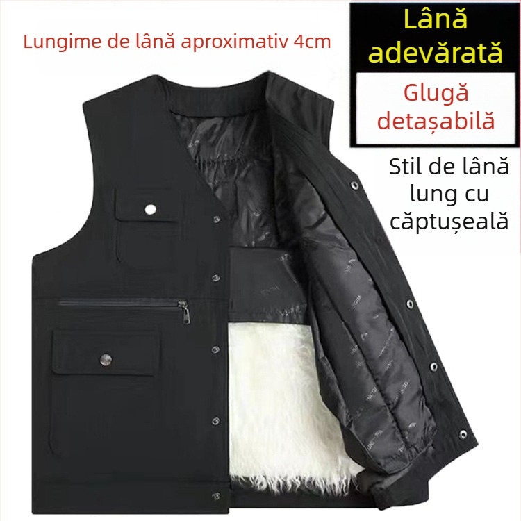 Vestă din bumbac în stil cardigan, cu glugă, decolteu în V, țesătură corduroy și principal material din păr de iepure