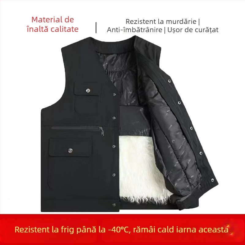 Vestă din bumbac în stil cardigan, cu glugă, decolteu în V, țesătură corduroy și principal material din păr de iepure