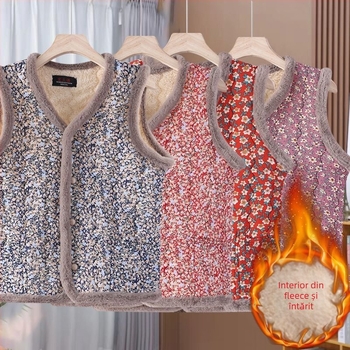 Vestă căptușită cu lână pentru femei, decolteu în V, croială ultra-scurtă în formă A, material exterior din rayon, nasture frontal unic