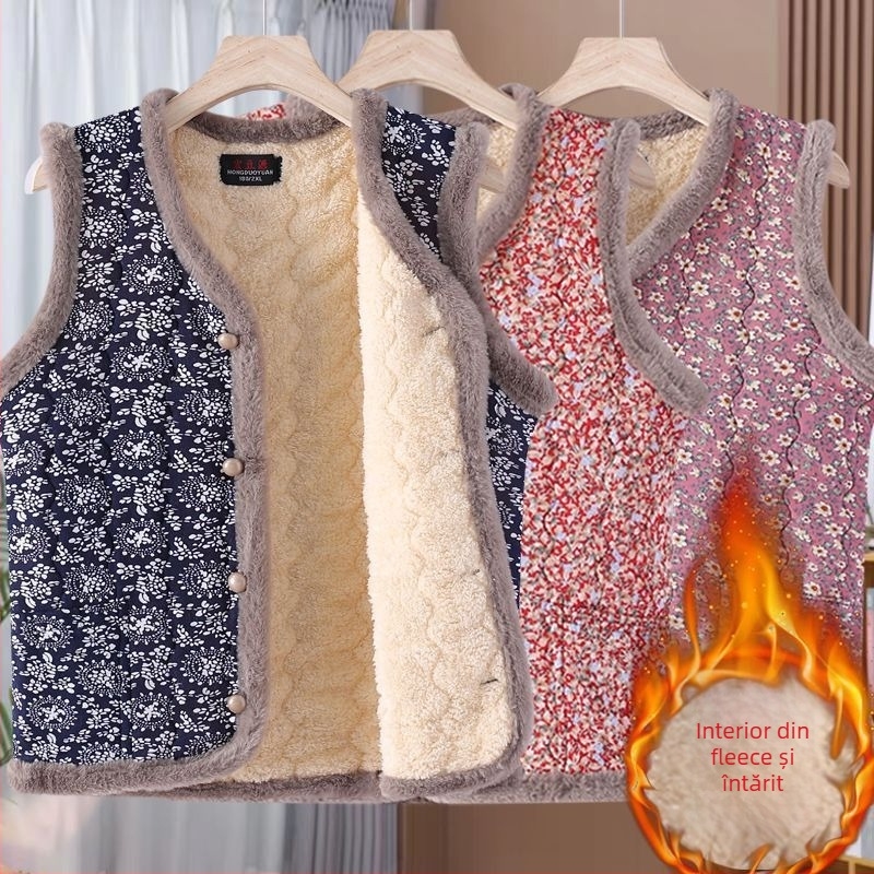 Vestă căptușită cu lână pentru femei, decolteu în V, croială ultra-scurtă în formă A, material exterior din rayon, nasture frontal unic