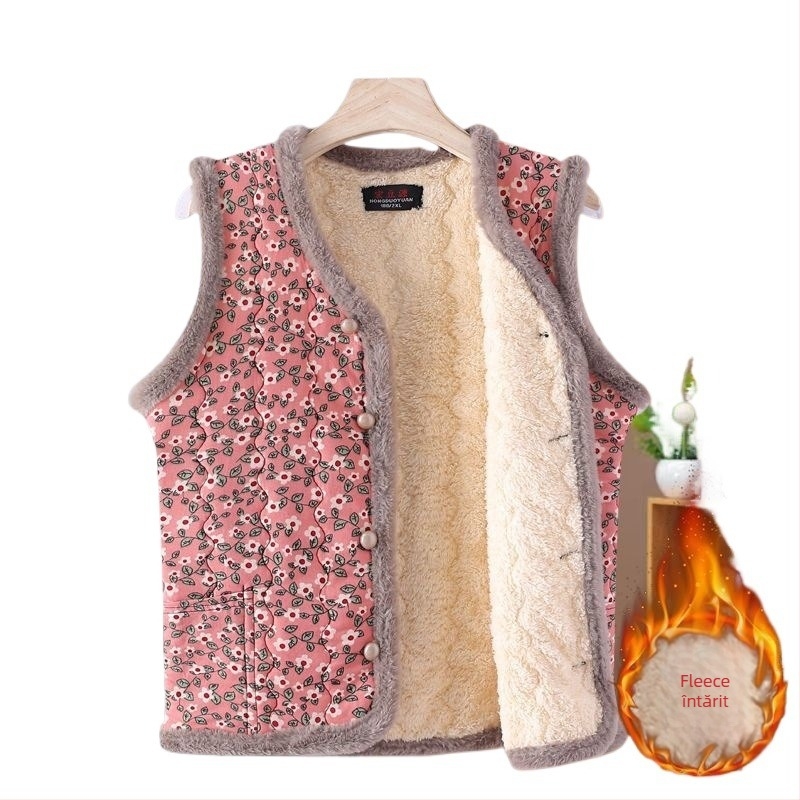 Vestă căptușită cu lână pentru femei, decolteu în V, croială ultra-scurtă în formă A, material exterior din rayon, nasture frontal unic