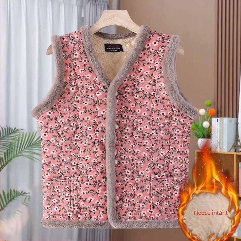 Vestă căptușită cu lână pentru femei, decolteu în V, croială ultra-scurtă în formă A, material exterior din rayon, nasture frontal unic