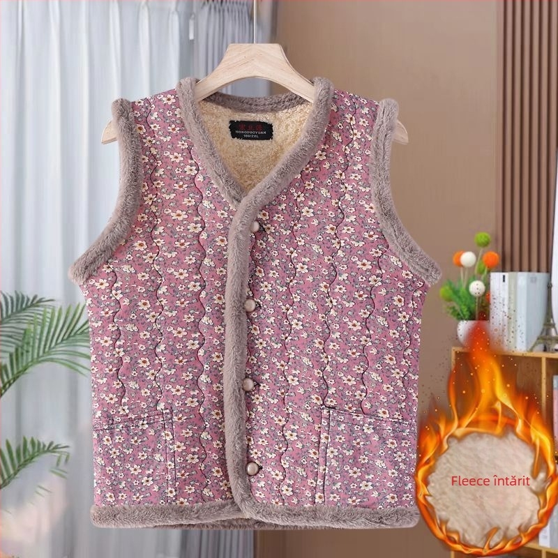 Vestă căptușită cu lână pentru femei, decolteu în V, croială ultra-scurtă în formă A, material exterior din rayon, nasture frontal unic