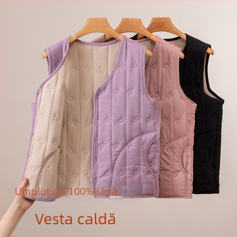 Vesta feminină căptușită cu fleece, toamnă-iarnă 2025, stil elegant pentru naveta urbană, model houndstooth, țesătură viscoză-poliester (90-95% poliester), lungime medie