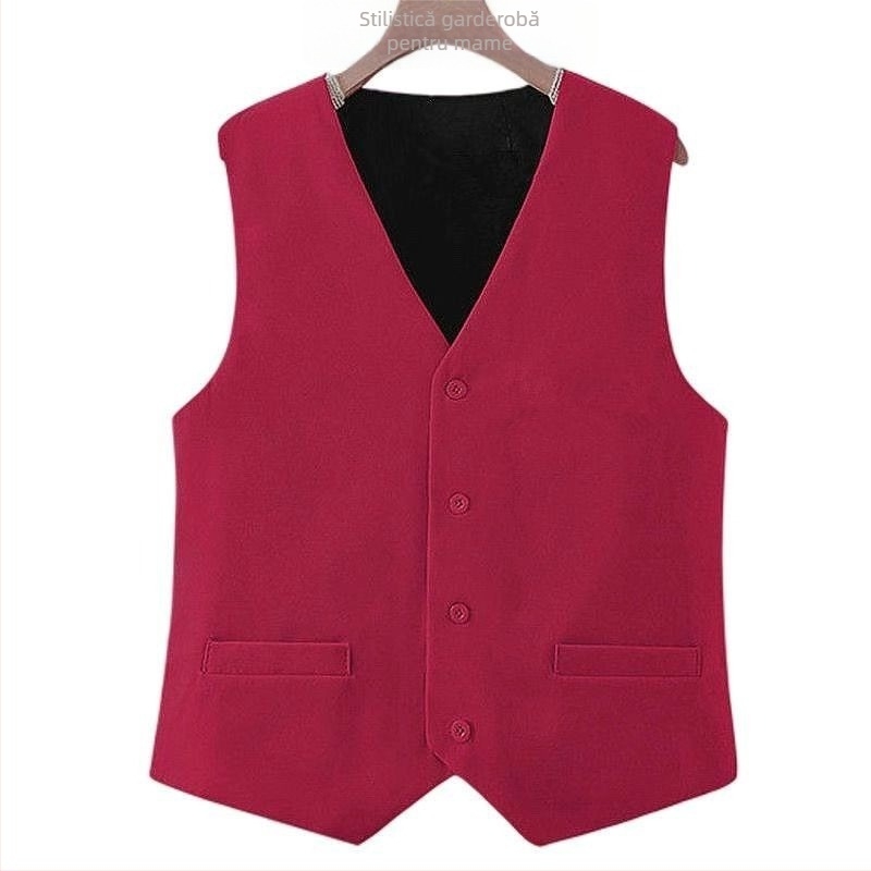 Vesta pentru femei adulte, stil primăvară-toamnă, lungime scurtă, decolteu în V, nasturi, poliester cu elastan (70-80% poliester, 20-30% elastan), lungime 50-65 cm
