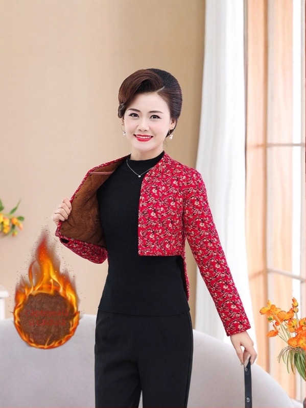 Vesta încălzită, căptușită cu fleece pentru protecția brațelor și umerilor, pentru femei, iarna 2025, imprimeu floral, lungime scurtă 40–50 cm, fără călcare