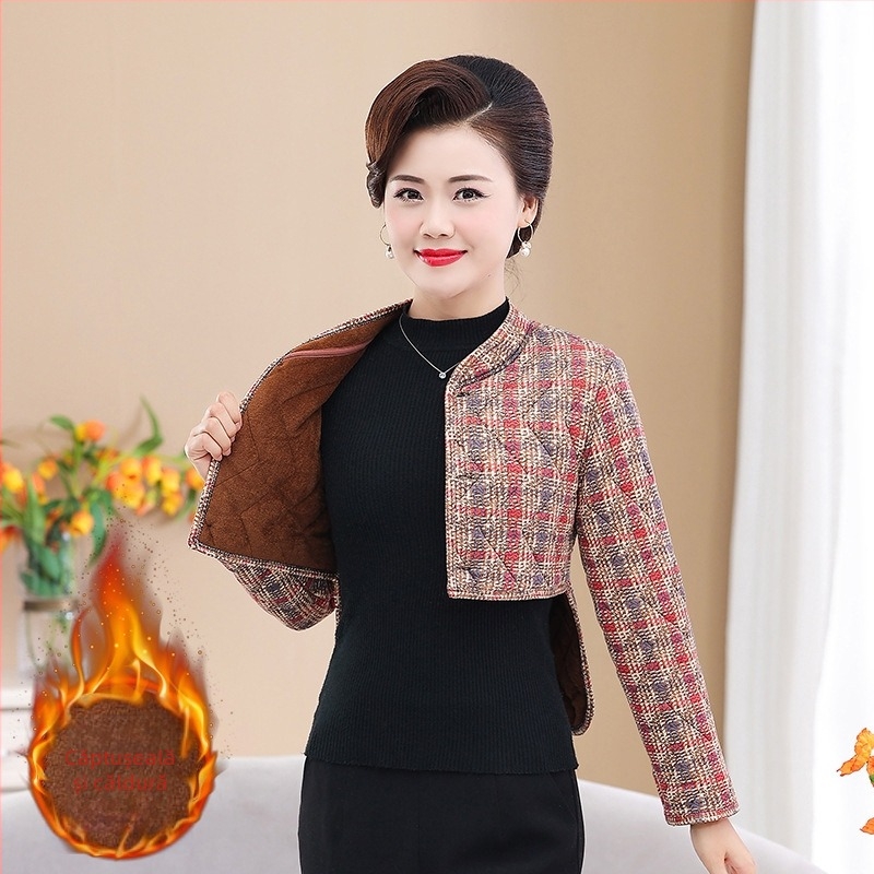 Vesta încălzită, căptușită cu fleece pentru protecția brațelor și umerilor, pentru femei, iarna 2025, imprimeu floral, lungime scurtă 40–50 cm, fără călcare