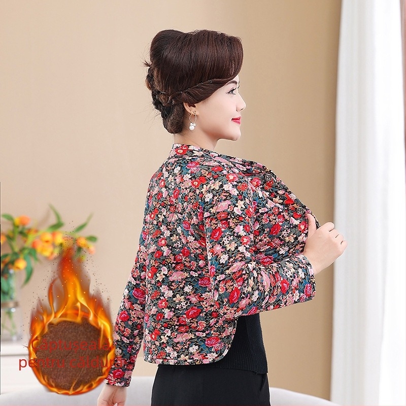 Vesta încălzită, căptușită cu fleece pentru protecția brațelor și umerilor, pentru femei, iarna 2025, imprimeu floral, lungime scurtă 40–50 cm, fără călcare