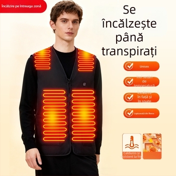 Vesta încălzită pentru bărbați, 16 zone de încălzire, căptușită cu fleece, material poliester, buzunare cu panouri 3D