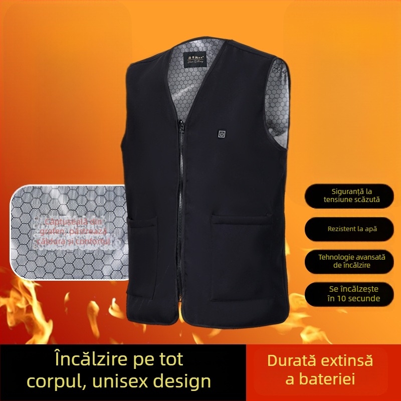 Vesta încălzită pentru bărbați, 16 zone de încălzire, căptușită cu fleece, material poliester, buzunare cu panouri 3D