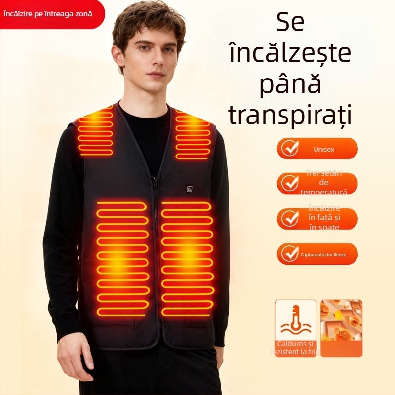 Vesta încălzită pentru bărbați, 16 zone de încălzire, căptușită cu fleece, material poliester, buzunare cu panouri 3D