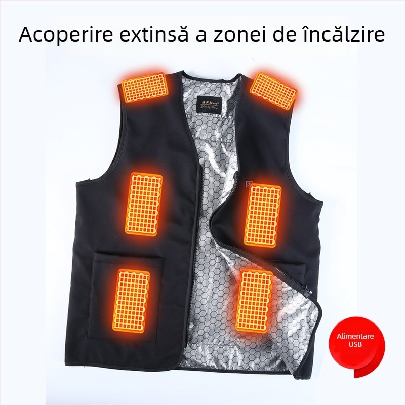 Vesta încălzită pentru bărbați, 16 zone de încălzire, căptușită cu fleece, material poliester, buzunare cu panouri 3D
