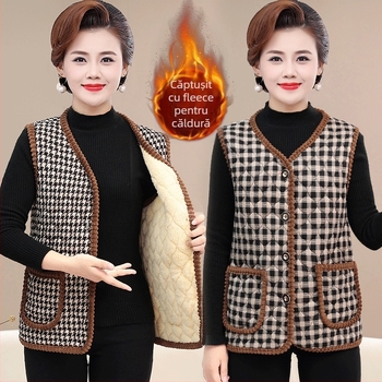 Vestă din lână cu căptușeală din fleece, model carouri, guler în V, lungime ultra- scurtă, pentru femei adulte