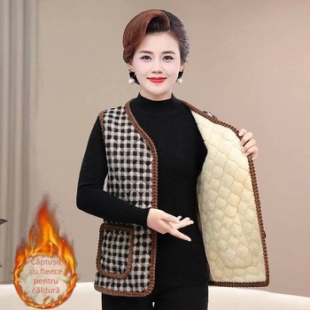 Vestă din lână cu căptușeală din fleece, model carouri, guler în V, lungime ultra- scurtă, pentru femei adulte