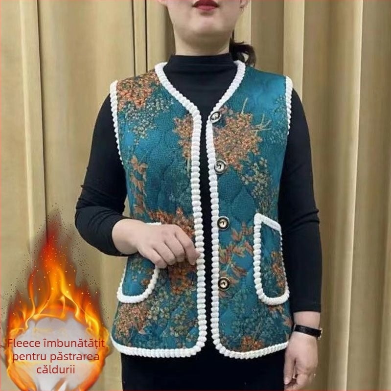Vestă din lână cu căptușeală din fleece, model carouri, guler în V, lungime ultra- scurtă, pentru femei adulte