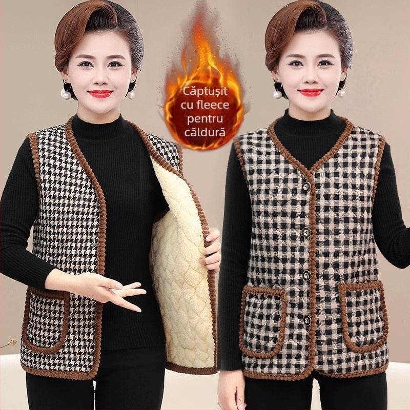 Vestă din lână cu căptușeală din fleece, model carouri, guler în V, lungime ultra- scurtă, pentru femei adulte