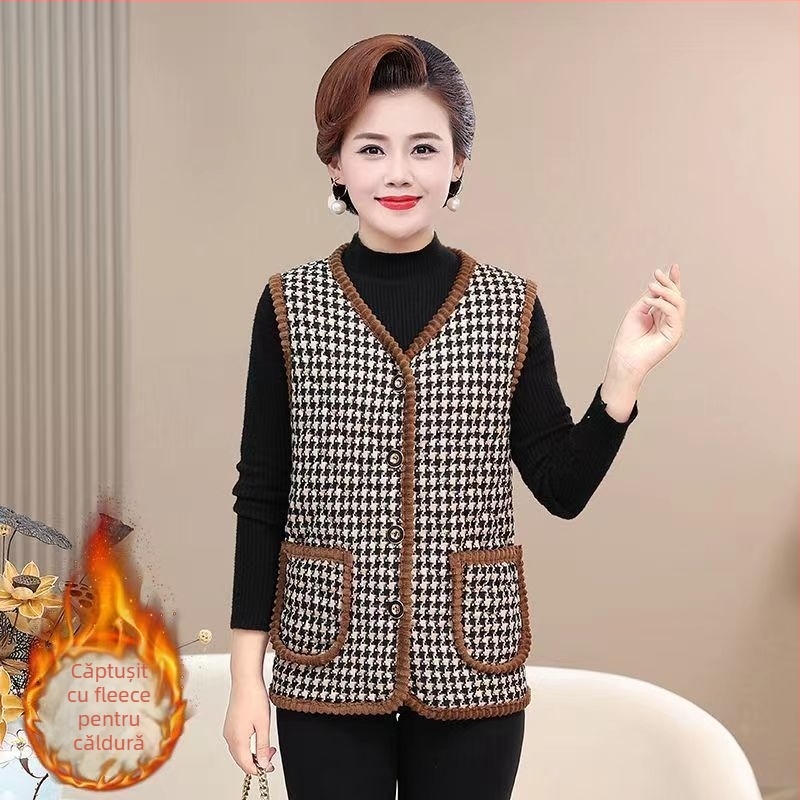 Vestă din lână cu căptușeală din fleece, model carouri, guler în V, lungime ultra- scurtă, pentru femei adulte