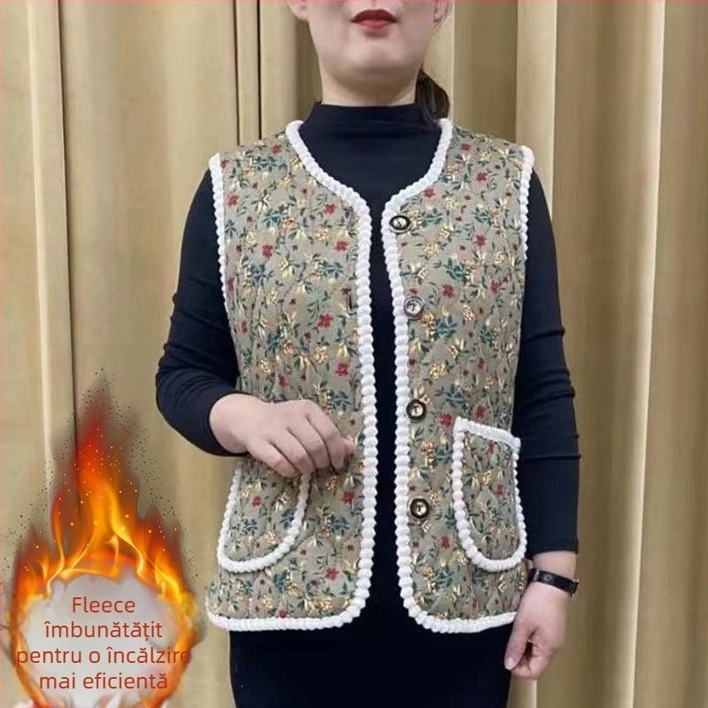 Vestă din lână cu căptușeală din fleece, model carouri, guler în V, lungime ultra- scurtă, pentru femei adulte