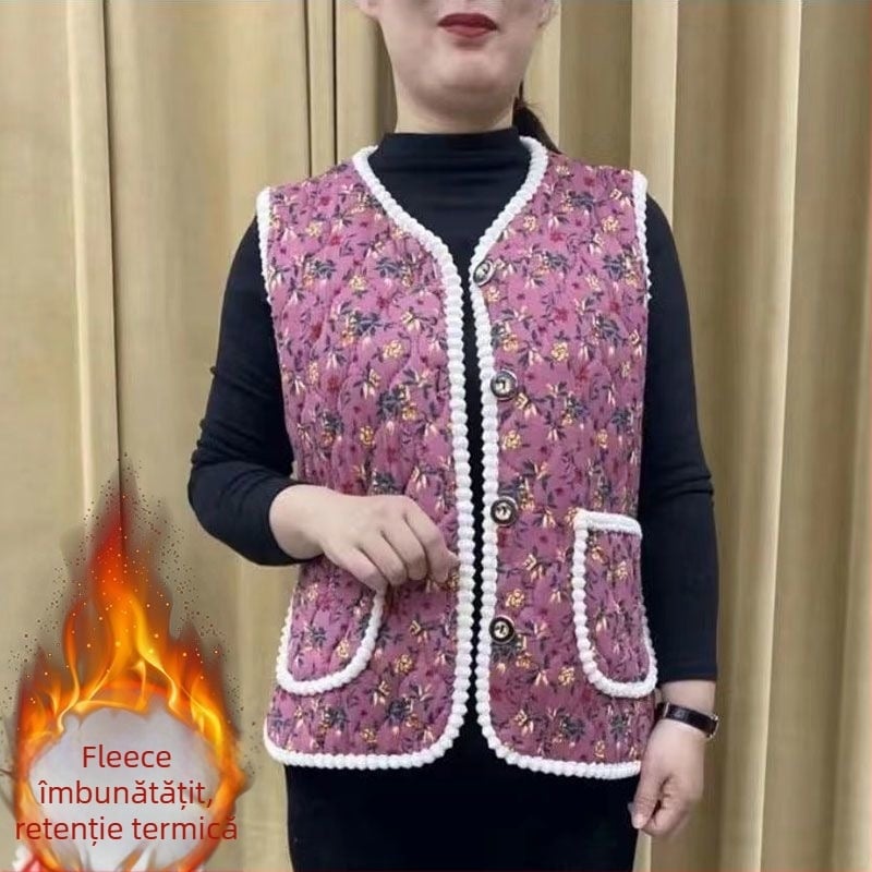 Vestă din lână cu căptușeală din fleece, model carouri, guler în V, lungime ultra- scurtă, pentru femei adulte