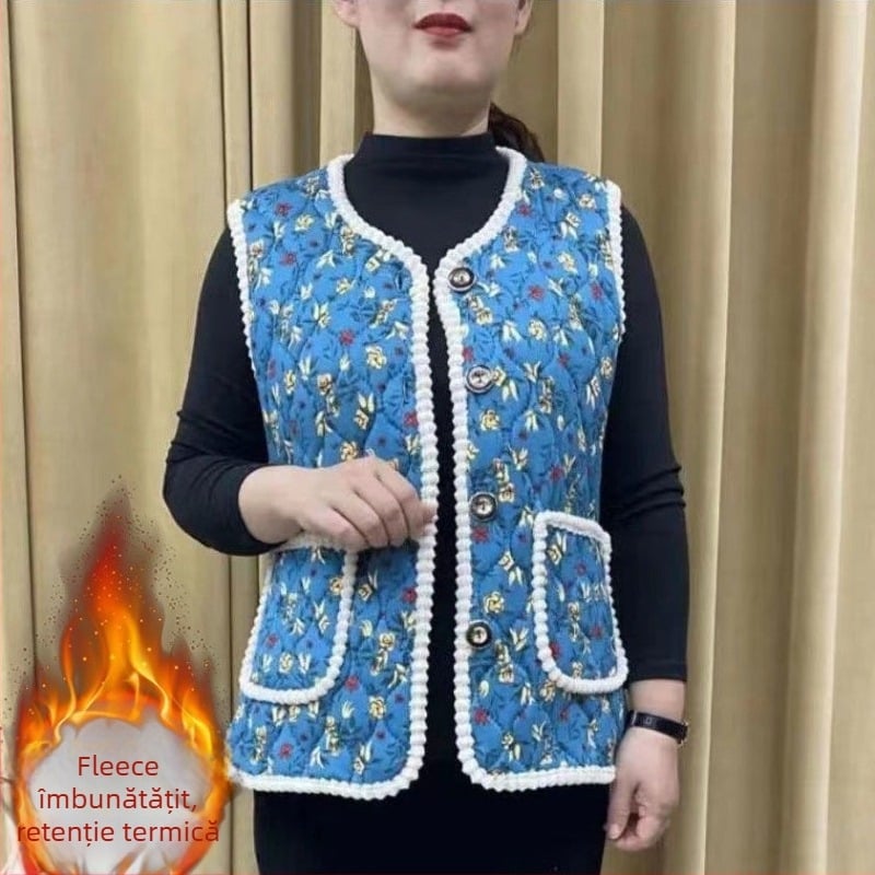 Vestă din lână cu căptușeală din fleece, model carouri, guler în V, lungime ultra- scurtă, pentru femei adulte
