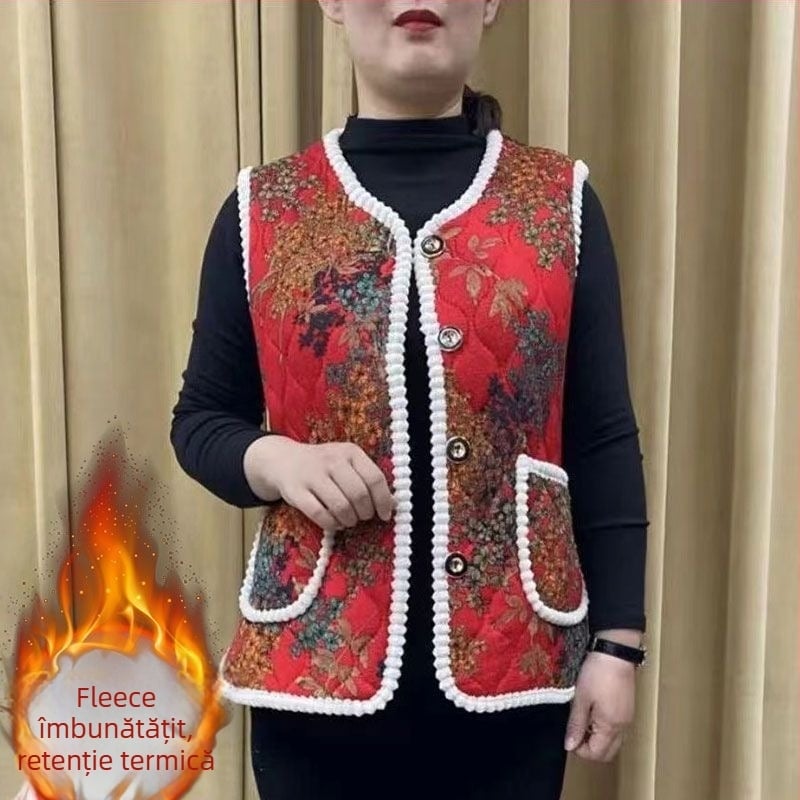 Vestă din lână cu căptușeală din fleece, model carouri, guler în V, lungime ultra- scurtă, pentru femei adulte