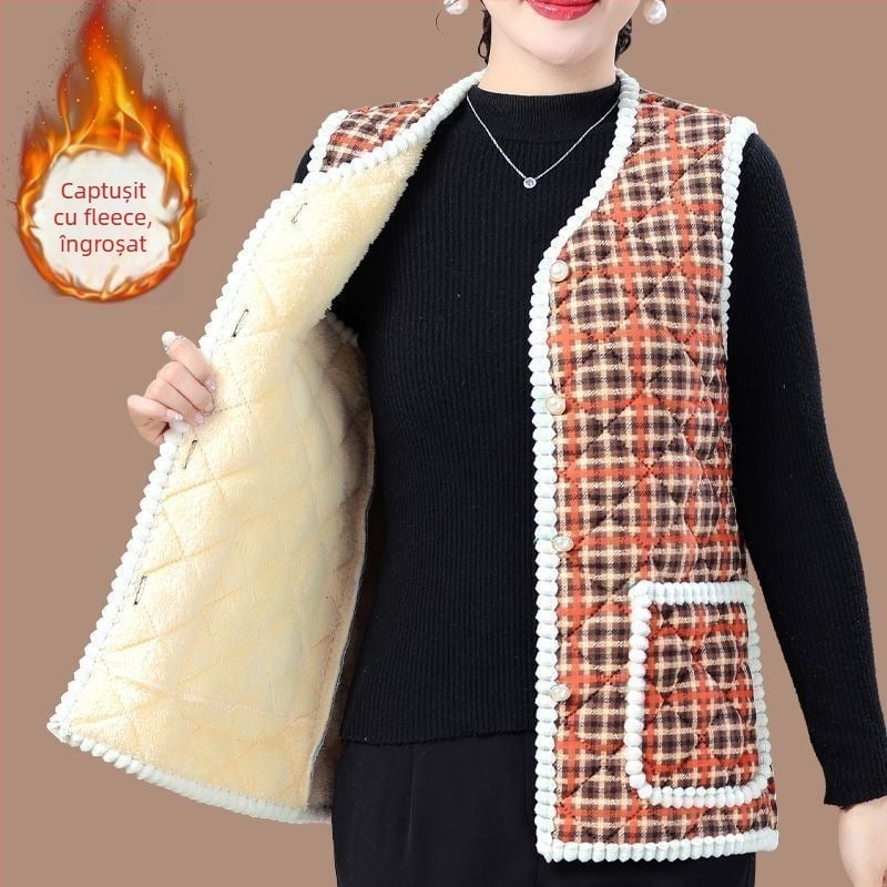 Vestă din lână cu căptușeală din fleece, model carouri, guler în V, lungime ultra- scurtă, pentru femei adulte