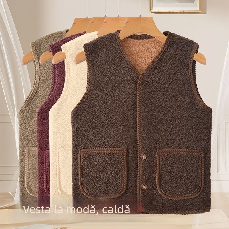 Palton-vestă din lână de miel, cu căptușeală de fleece, exterior gros pentru toamnă-iarna, pentru persoane de vârstă mijlocie și în vârstă