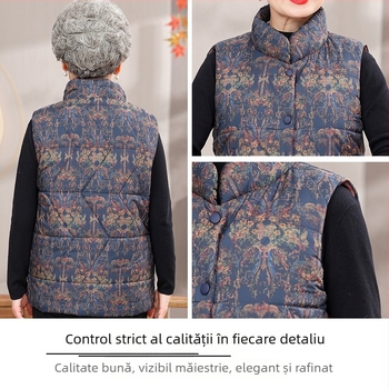 Vestă fără mâneci pentru femei în vârstă, toamnă 2025 – guler înalt, material PVC, culoare uni, stil chinezesc