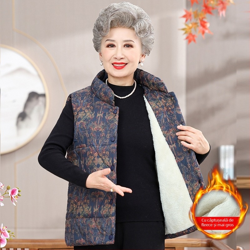 Vestă fără mâneci pentru femei în vârstă, toamnă 2025 – guler înalt, material PVC, culoare uni, stil chinezesc