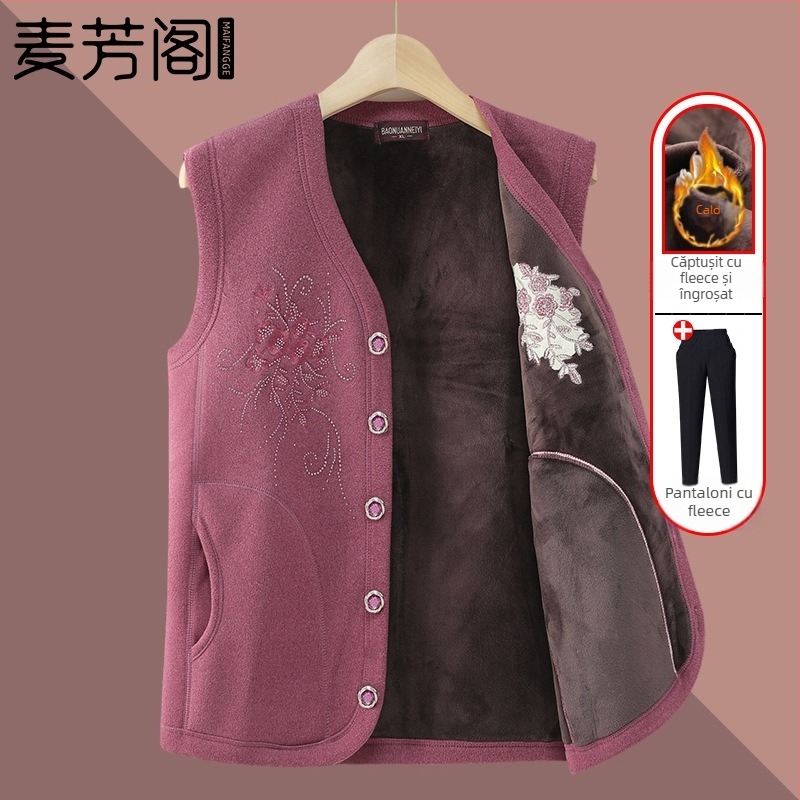 Vestă de iarnă cu fleece pentru femei - stil casual, pentru persoane în vârstă, poliester peste 95%, lungime normală 50–65 cm