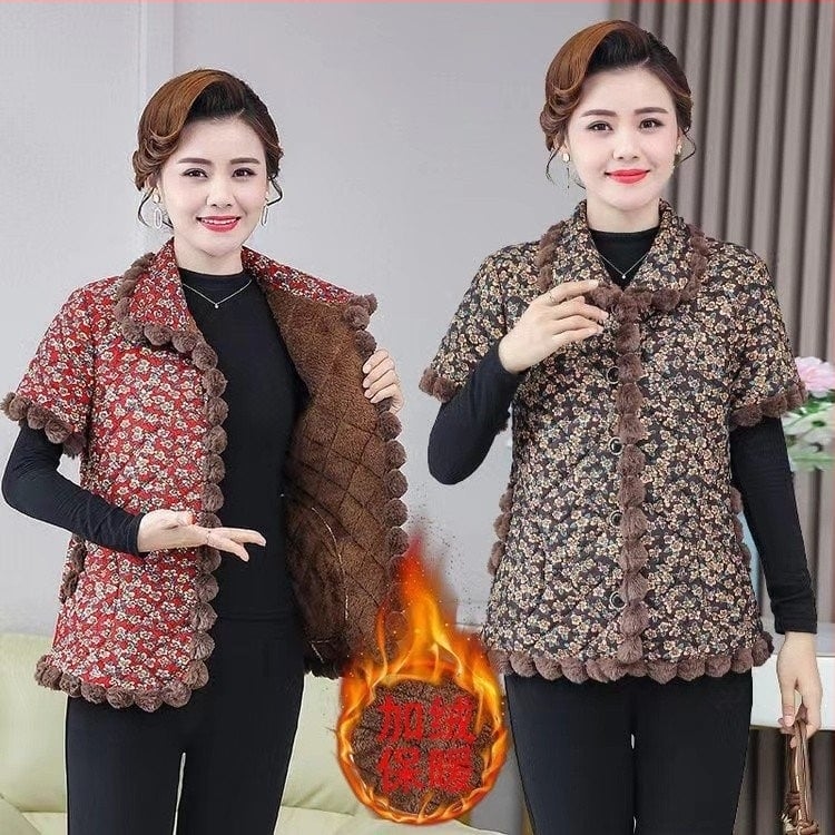 Vesta pentru femei, căptușită cu fleece, model floral, guler rever, închidere cu nasturi simple, toamnă–iarna
