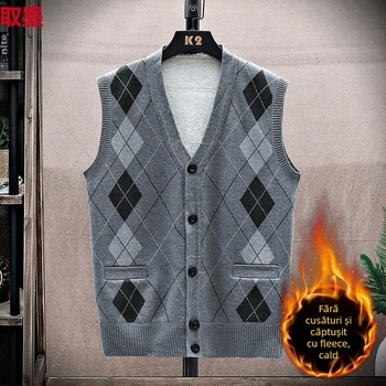 Vesta din fleece pentru bărbați cu nasturi, fără guler, croială dreaptă, căptușeală groasă din fleece