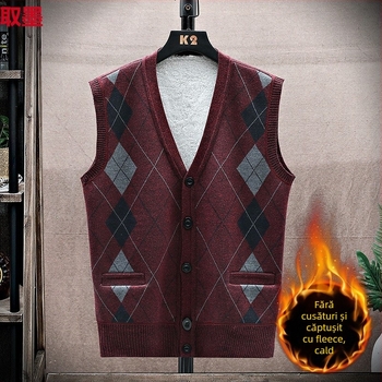 Vesta din fleece pentru bărbați cu nasturi, fără guler, croială dreaptă, căptușeală groasă din fleece