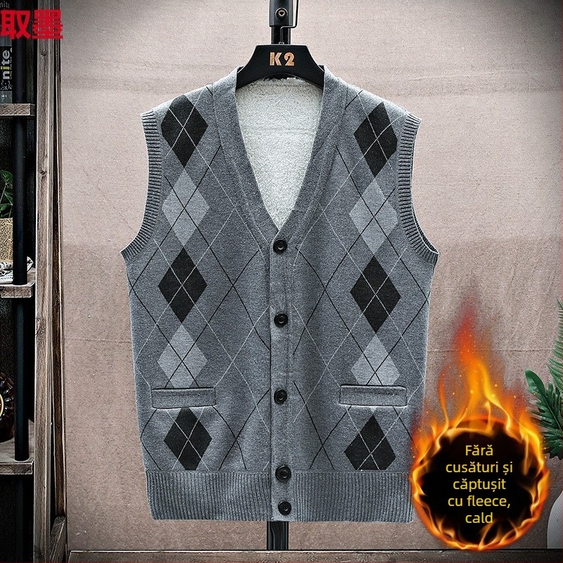 Vesta din fleece pentru bărbați cu nasturi, fără guler, croială dreaptă, căptușeală groasă din fleece