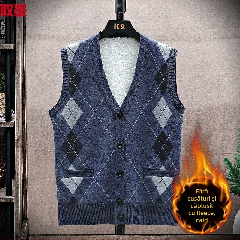 Vesta din fleece pentru bărbați cu nasturi, fără guler, croială dreaptă, căptușeală groasă din fleece