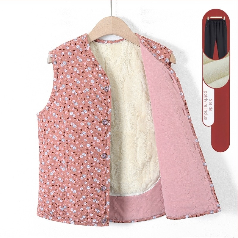 Vesta din velur cu căptușeală de fleece – iarnă 2025, guler în V, lungime 50–65 cm