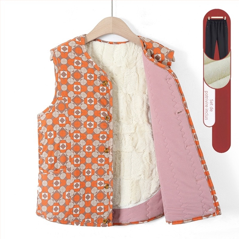 Vesta din velur cu căptușeală de fleece – iarnă 2025, guler în V, lungime 50–65 cm